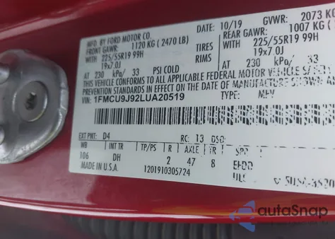 2020 Ford Escape Titanium z USA, uszkodzony, nr VIN 1FMCU9J92LUA20519